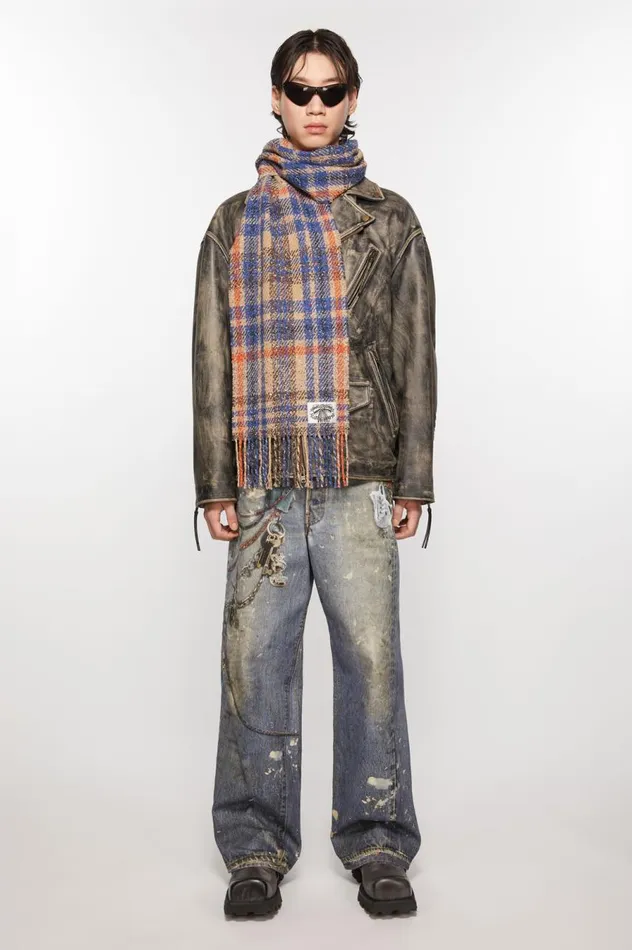 Acne Studios Plaid Fringe Scarf Beigeblue Women Scarves