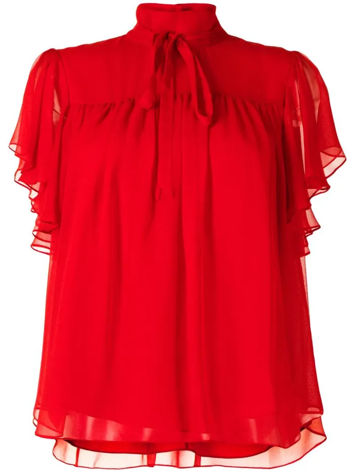 Adam Lippes Tops Flounce Sleeve Top In Silk Chiffon Red 8211 Women