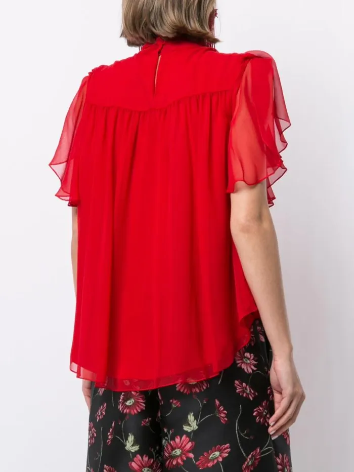 Adam Lippes Tops Flounce Sleeve Top In Silk Chiffon Red 8211 Women
