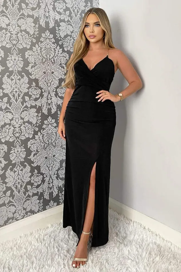 AX Paris Dresses Black Wrap Top Ruched Side Chain Strap Midi Dress