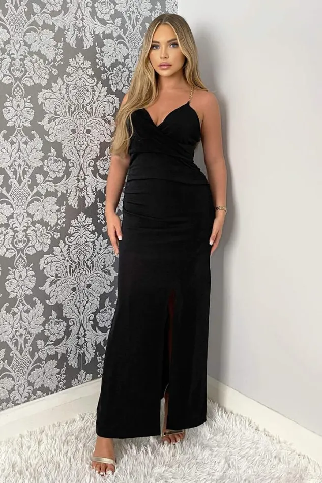 AX Paris Dresses Black Wrap Top Ruched Side Chain Strap Midi Dress