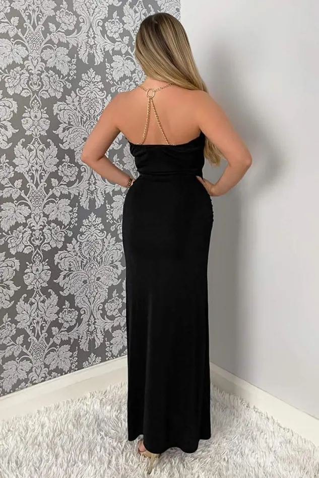 AX Paris Dresses Black Wrap Top Ruched Side Chain Strap Midi Dress