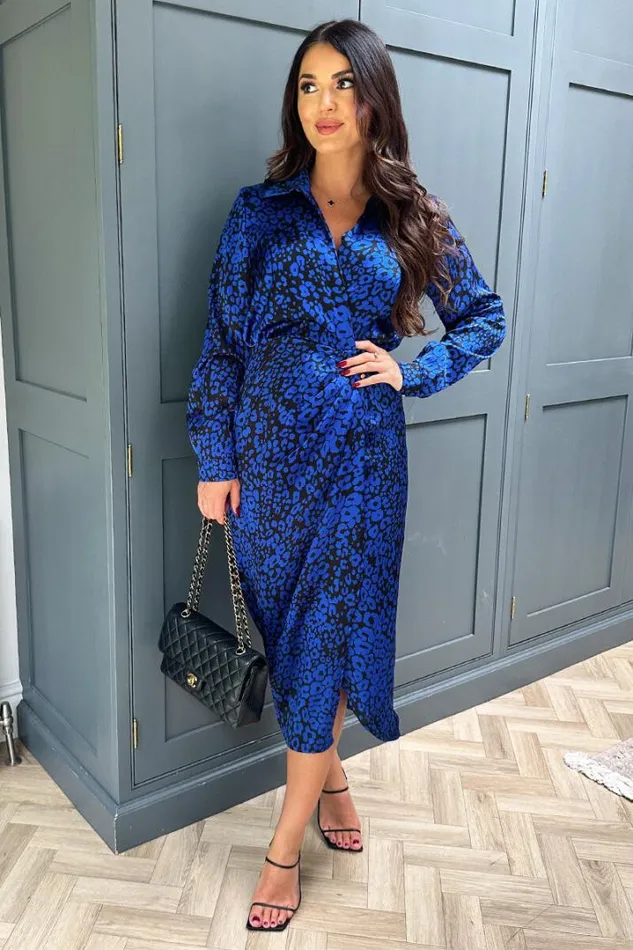 AX Paris Dresses Cobalt Animal Print Collared Midi Dress