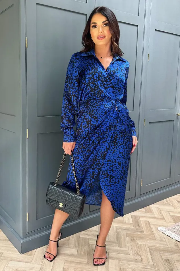 AX Paris Dresses Cobalt Animal Print Collared Midi Dress