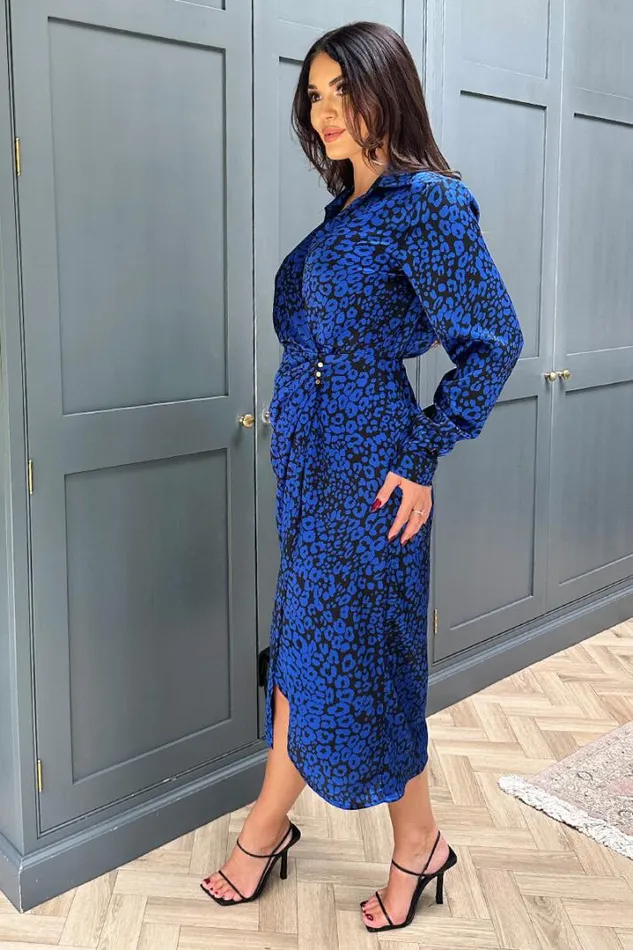 AX Paris Dresses Cobalt Animal Print Collared Midi Dress