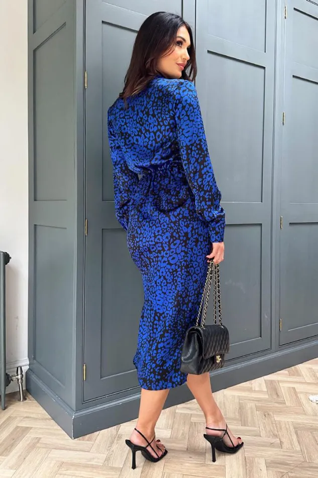AX Paris Dresses Cobalt Animal Print Collared Midi Dress