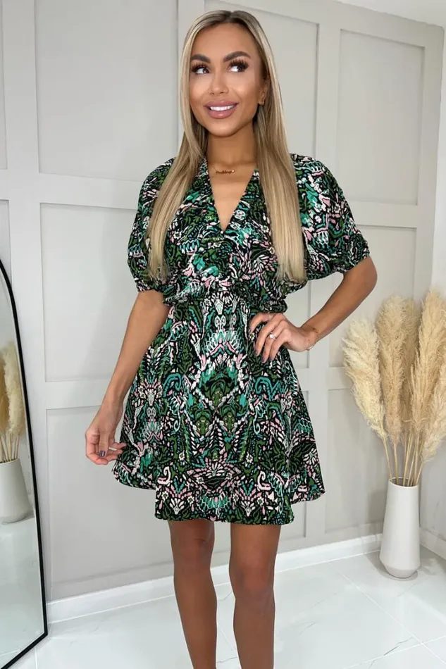 AX Paris Dresses Green Printed V Neck Mini Dress With Elasticated Cuffs
