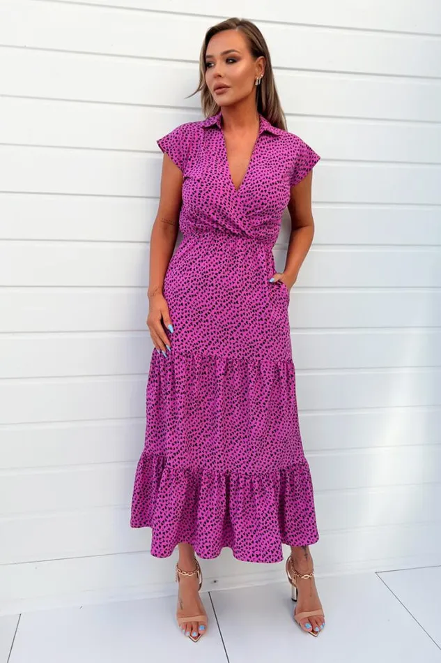 AX Paris Dresses Hot Pink Heart Print Collared Smock Midi Dress
