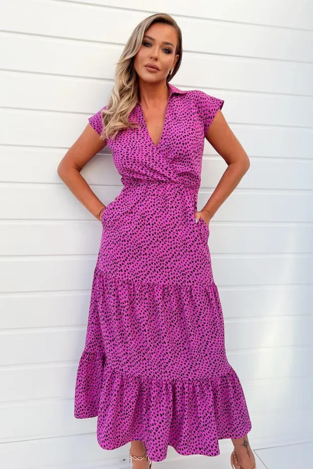 AX Paris Dresses Hot Pink Heart Print Collared Smock Midi Dress