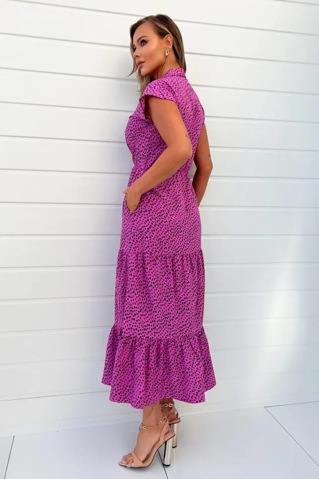 AX Paris Dresses Hot Pink Heart Print Collared Smock Midi Dress