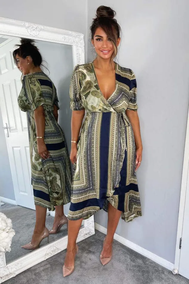 AX Paris Dresses Khaki Scarf Print Wrap Midi Dress