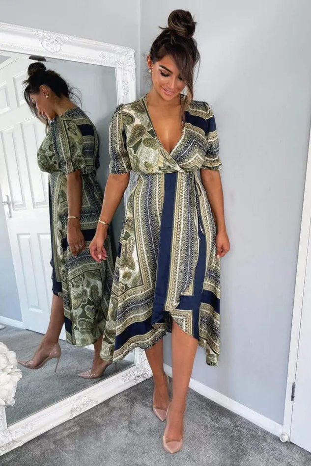 AX Paris Dresses Khaki Scarf Print Wrap Midi Dress