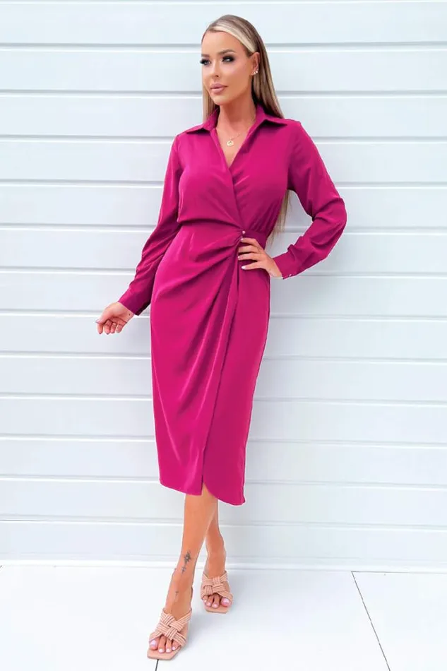 AX Paris Dresses Magenta Long Sleeve Side Ruched Wrap Over Midi Dress