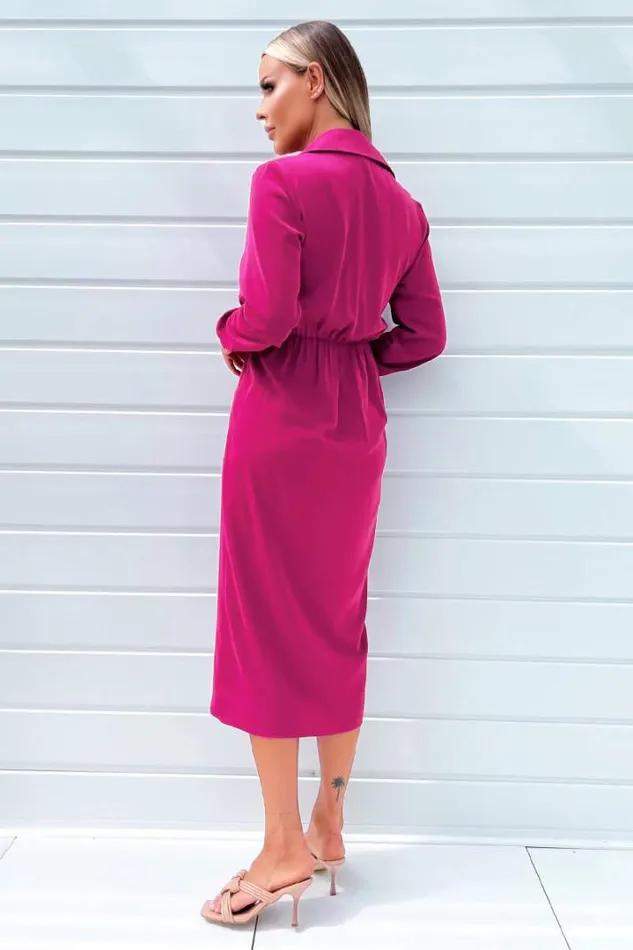 AX Paris Dresses Magenta Long Sleeve Side Ruched Wrap Over Midi Dress