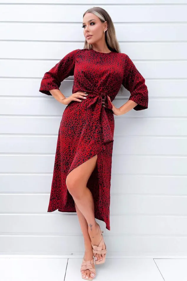 AX Paris Dresses Red And Black Animal Print Tie Front Midi Dress