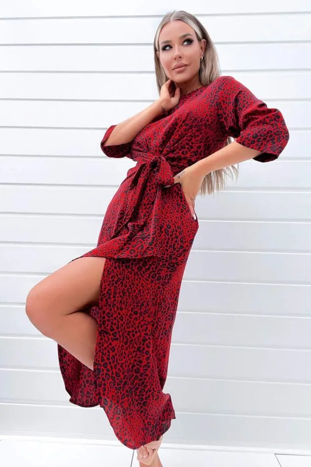 AX Paris Dresses Red And Black Animal Print Tie Front Midi Dress