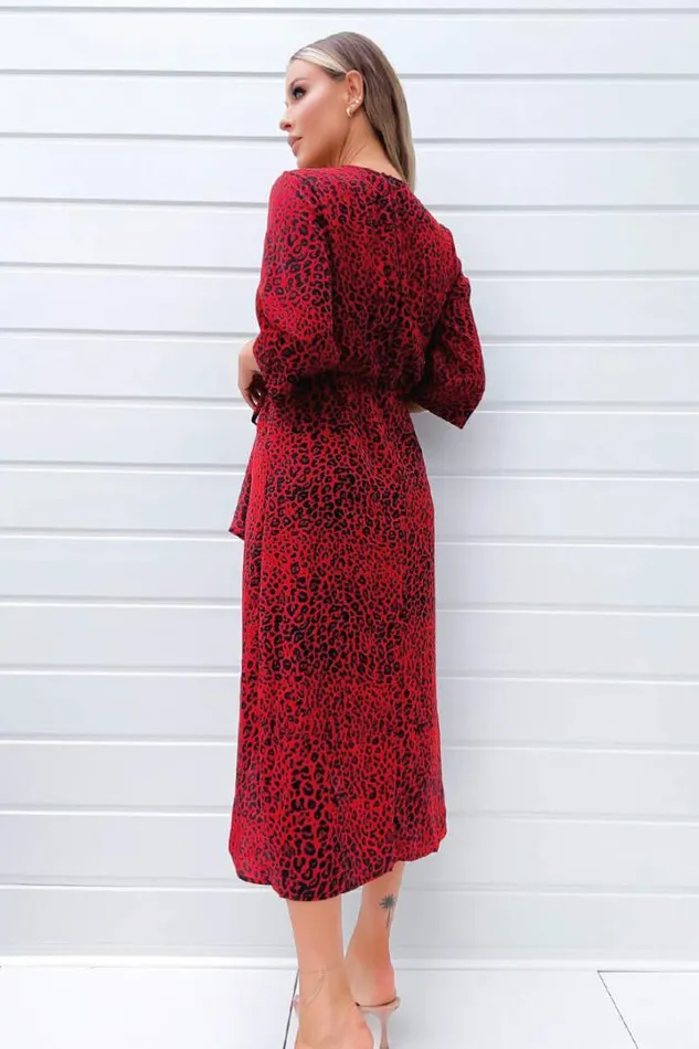 AX Paris Dresses Red And Black Animal Print Tie Front Midi Dress