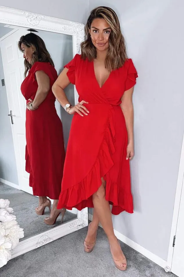 AX Paris Dresses Red Wrap Over Frill Hem Short Sleeve Midi Dress