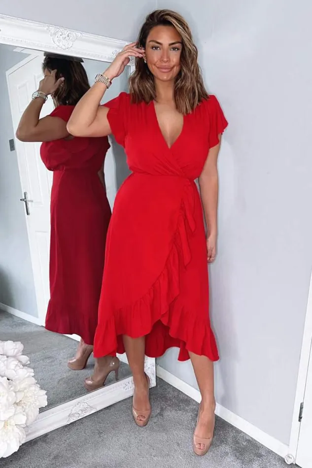 AX Paris Dresses Red Wrap Over Frill Hem Short Sleeve Midi Dress