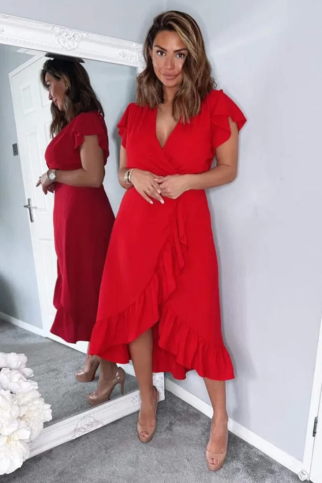 AX Paris Dresses Red Wrap Over Frill Hem Short Sleeve Midi Dress