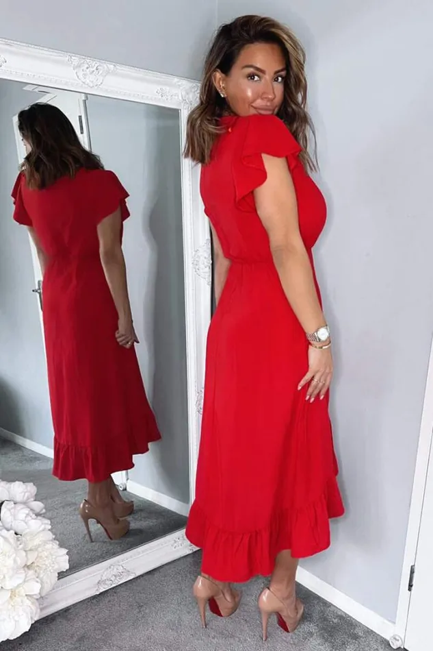AX Paris Dresses Red Wrap Over Frill Hem Short Sleeve Midi Dress