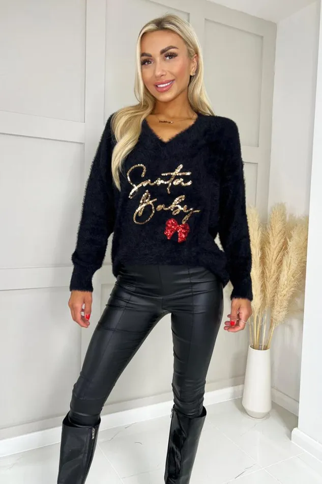 AX Paris Knitwear Black Fluffy Santa Baby Sequin Jumper
