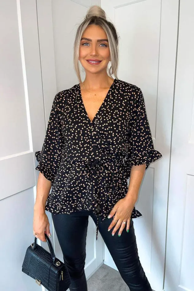 AX Paris Tops Black Heart Print Frill Hem Wrap Top