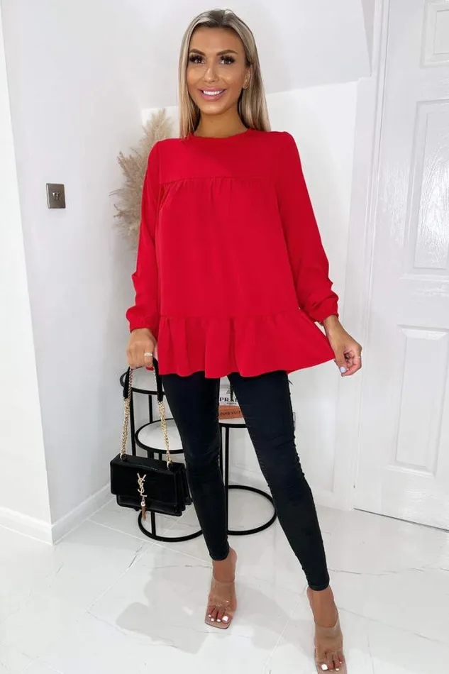 AX Paris Tops Red Long Sleeve Round Neck Smock Top