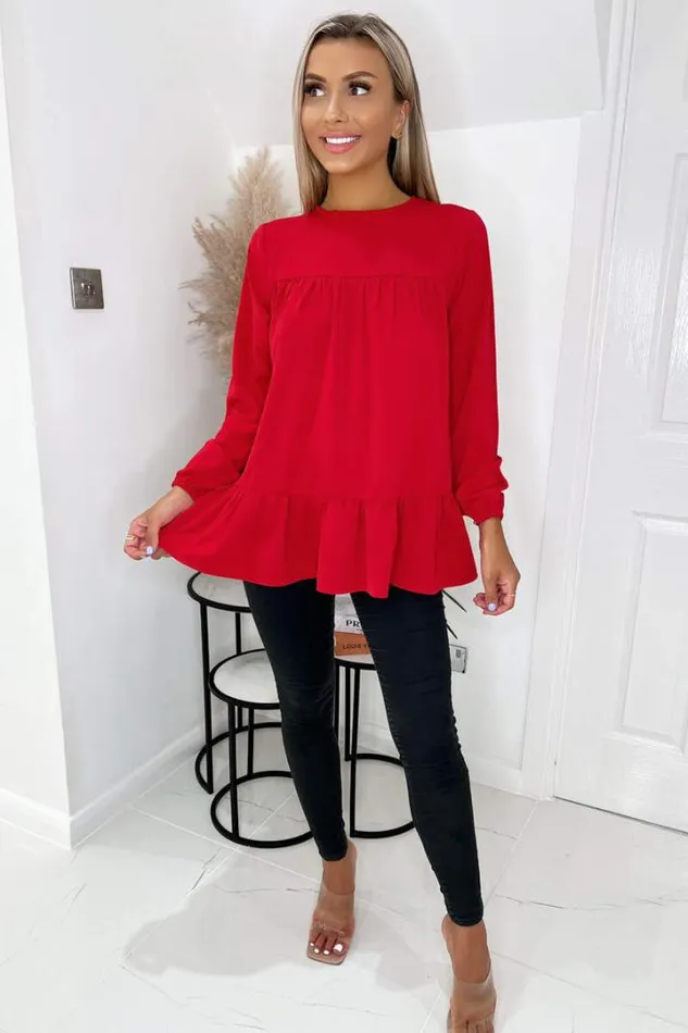 AX Paris Tops Red Long Sleeve Round Neck Smock Top