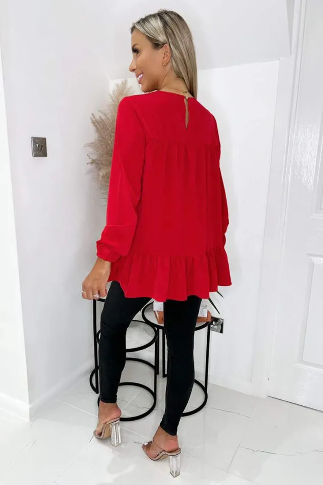 AX Paris Tops Red Long Sleeve Round Neck Smock Top
