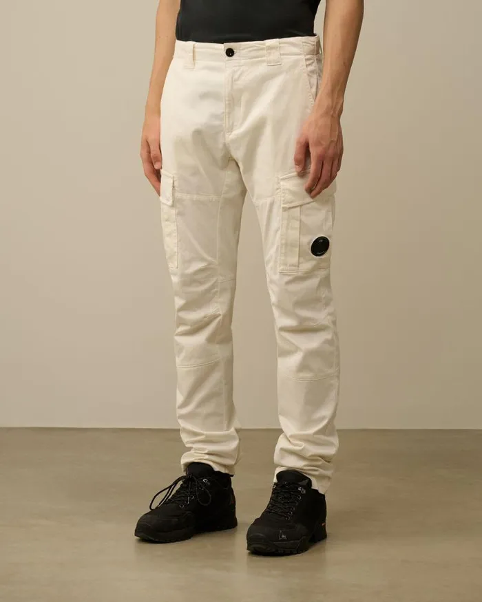 CP Company Trousers Stretch Sateen Ergonomic Lens Double Cargo Pants Gauze White 8211 Man