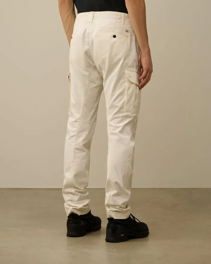 CP Company Trousers Stretch Sateen Ergonomic Lens Double Cargo Pants Gauze White 8211 Man