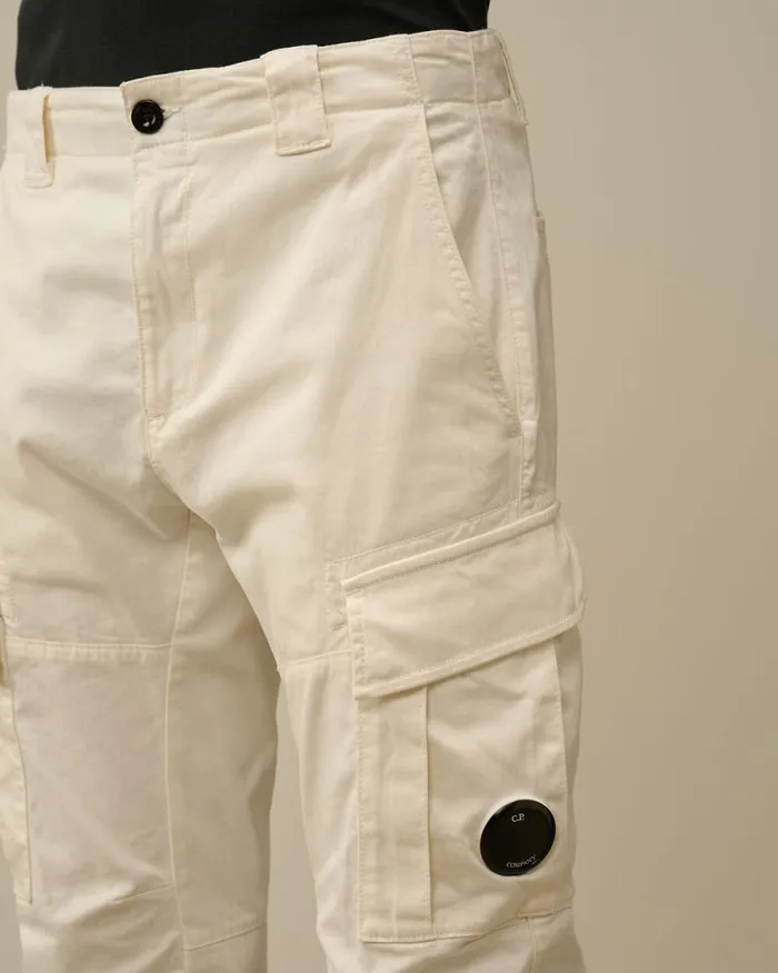 CP Company Trousers Stretch Sateen Ergonomic Lens Double Cargo Pants Gauze White 8211 Man