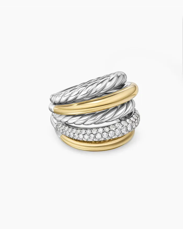 DY Mercer Multi Row Ring In Sterling Silver With 18K Yellow Gold And Diamonds 21mm Women David Yurman Statement DY Mercer Multi Row Ring In Sterling Silver With 18K Yellow Gold And Diamonds 21mm Women David Yurman Statement