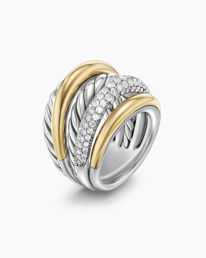 DY Mercer Multi Row Ring In Sterling Silver With 18K Yellow Gold And Diamonds 21mm Women David Yurman Statement DY Mercer Multi Row Ring In Sterling Silver With 18K Yellow Gold And Diamonds 21mm Women David Yurman Statement