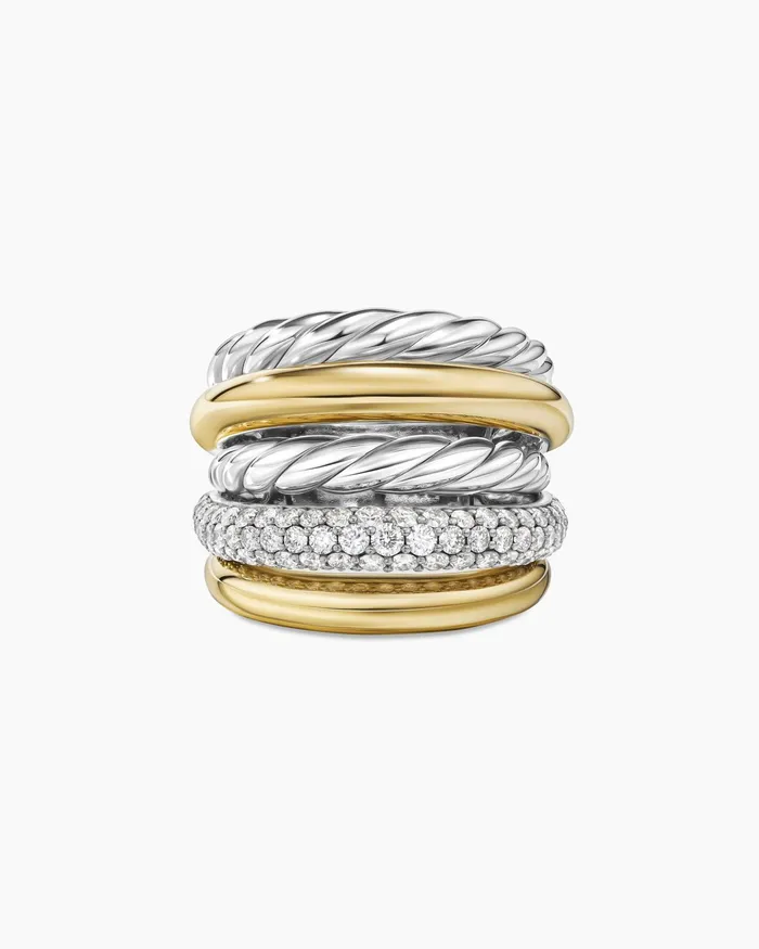DY Mercer Multi Row Ring In Sterling Silver With 18K Yellow Gold And Diamonds 21mm Women David Yurman Statement DY Mercer Multi Row Ring In Sterling Silver With 18K Yellow Gold And Diamonds 21mm Women David Yurman Statement