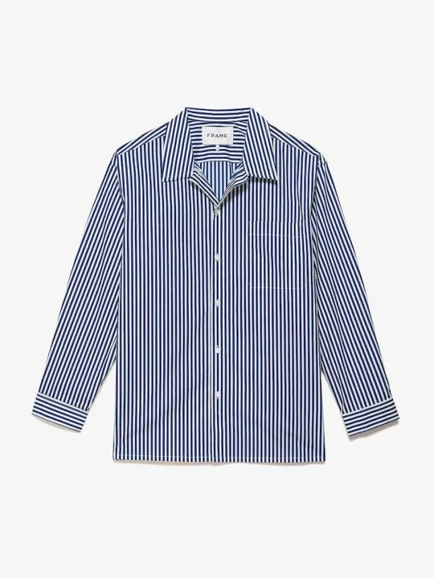 Frame Long Sleeve Stripe Shirt In Narrow Navy Stripe Narrow Navy Stripe Men Shirts