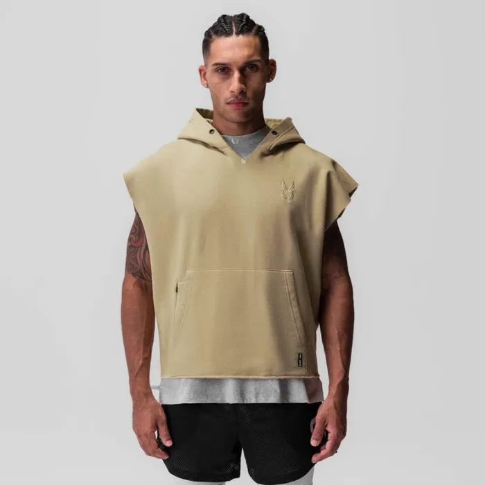 Hoodies and Sweatshirts Men ASRV Tech Essential Raw Hem Cutoff Hoodie Khaki