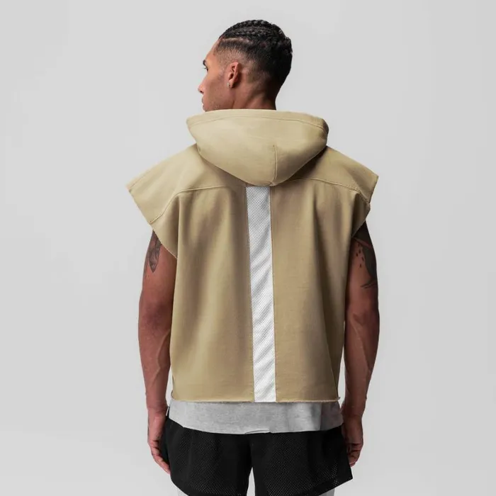 Hoodies and Sweatshirts Men ASRV Tech Essential Raw Hem Cutoff Hoodie Khaki