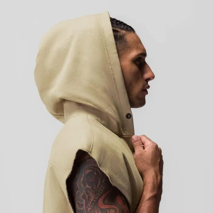 Hoodies and Sweatshirts Men ASRV Tech Essential Raw Hem Cutoff Hoodie Khaki