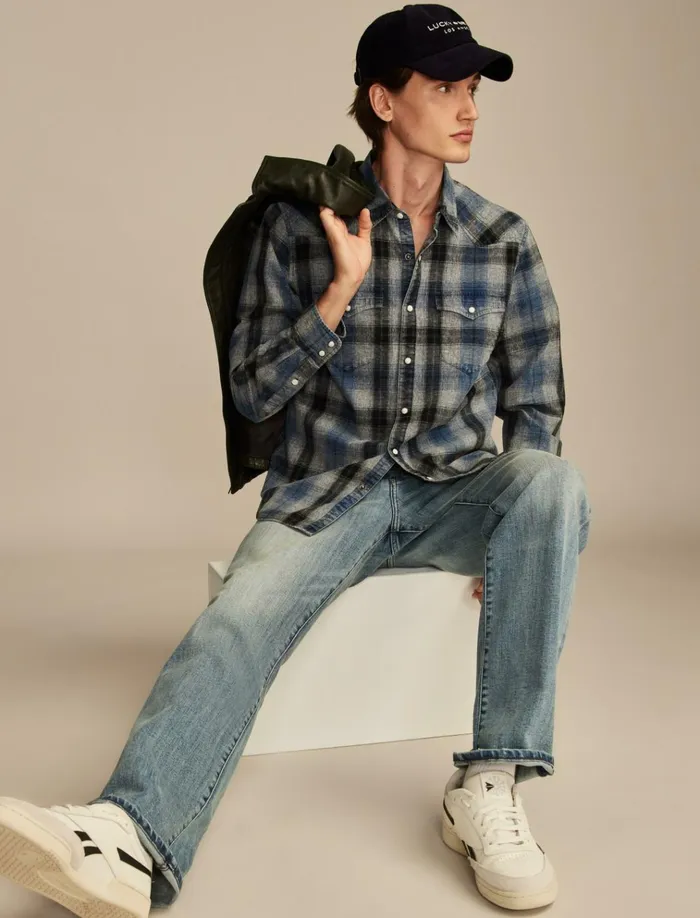 Indigo Plaid Western Long Sleeve Shirt Indigo Blue Plaid Men Lucky Brand ButtonDowns