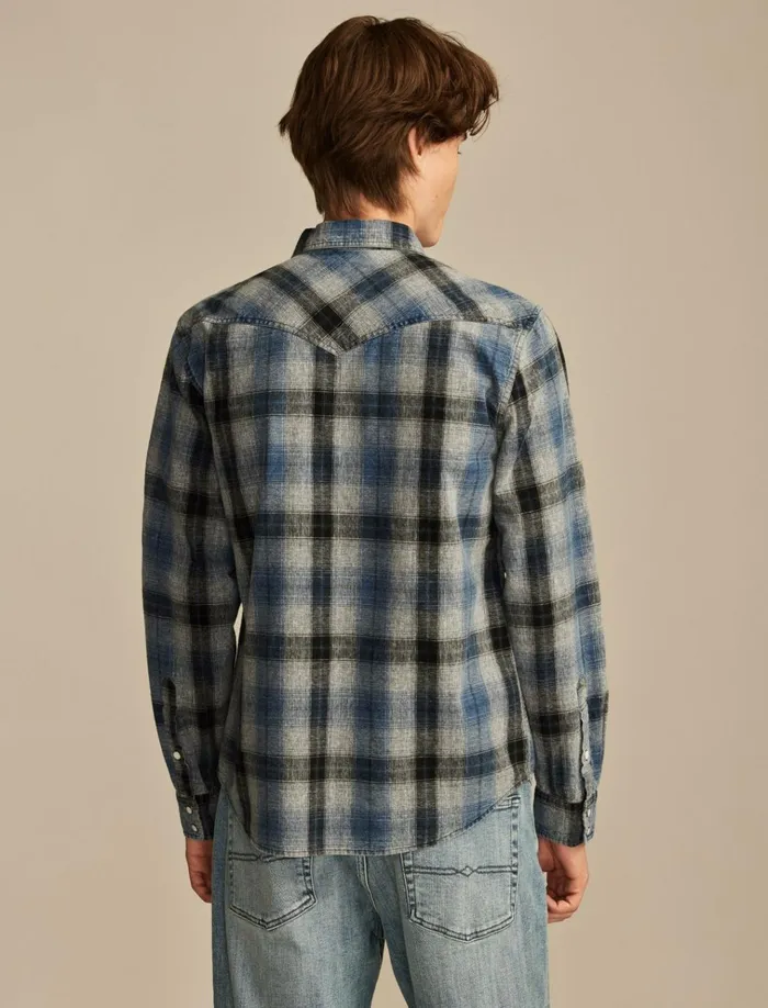 Indigo Plaid Western Long Sleeve Shirt Indigo Blue Plaid Men Lucky Brand ButtonDowns