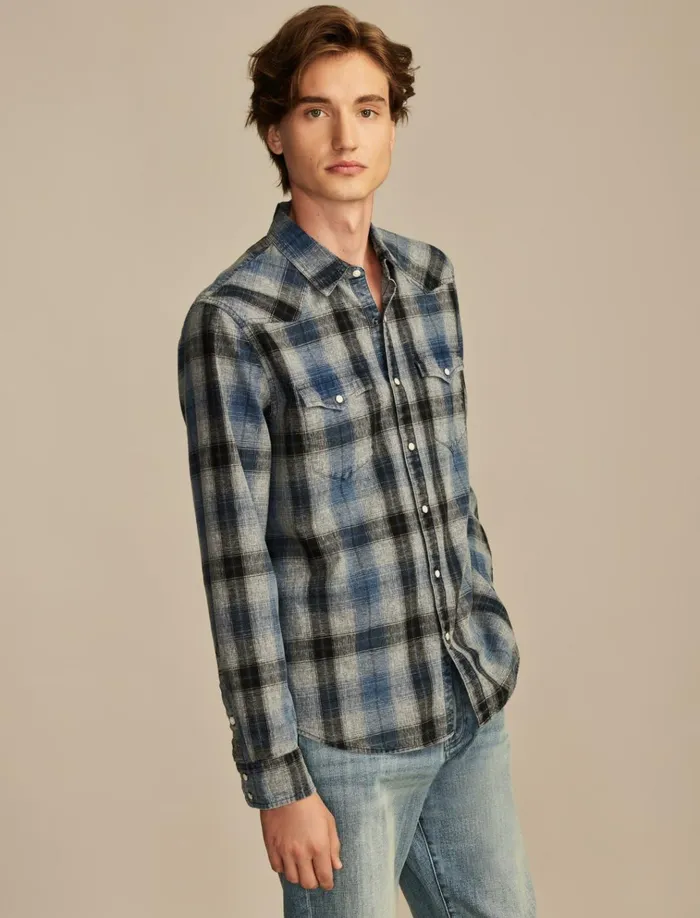 Indigo Plaid Western Long Sleeve Shirt Indigo Blue Plaid Men Lucky Brand ButtonDowns