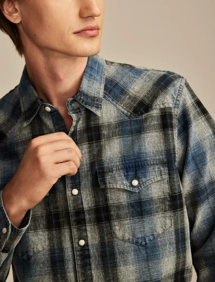Indigo Plaid Western Long Sleeve Shirt Indigo Blue Plaid Men Lucky Brand ButtonDowns