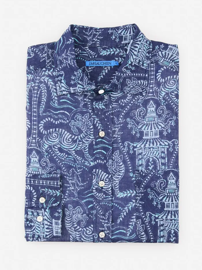 JMclaughlin Gramercy Classic Fit Linen Shirt In Tiger Damask Navyblue Men Shirts