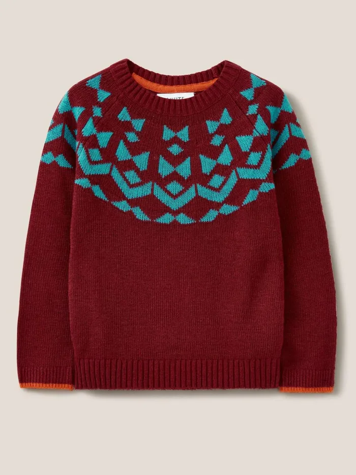 Kids White Stuff Knitwear Geo Fairisle Jumper Red Multi