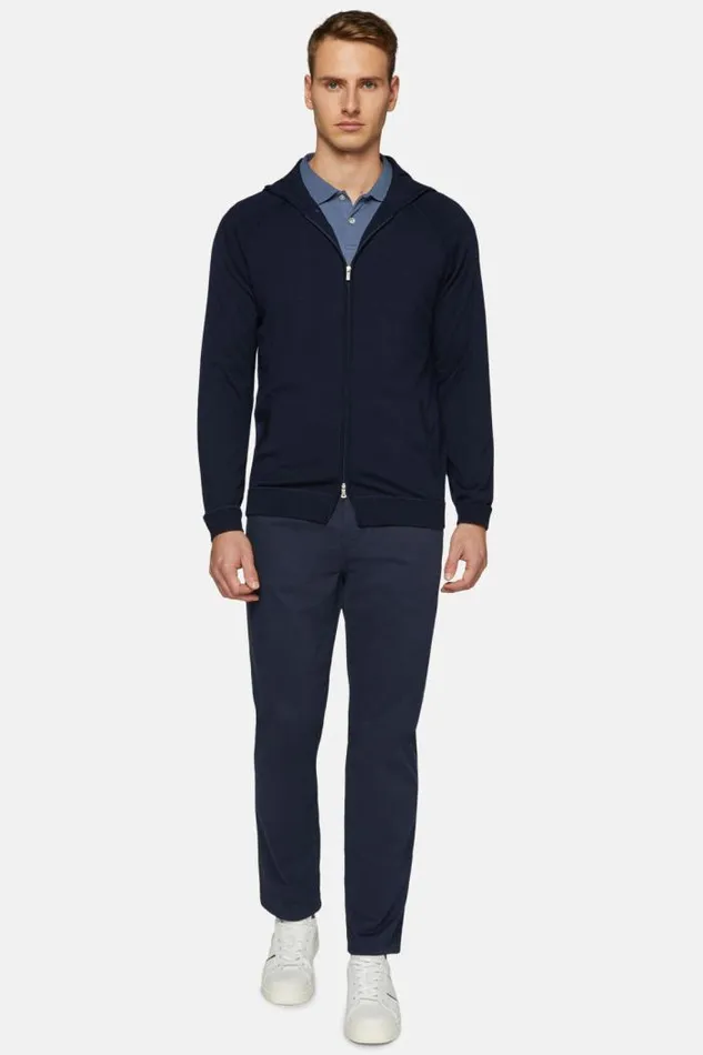 Knitwear Men Boggi Milano Navy Full Zip Hooded Jumper In Merino Wool Navy Blue