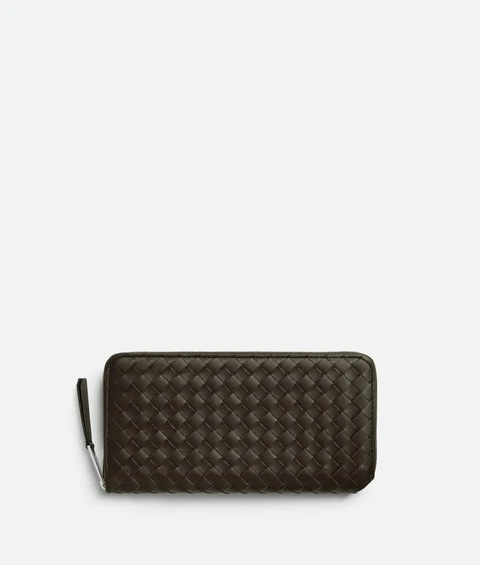 Men Bottega Veneta Long Wallets Intrecciato Piccolo Zip Around Wallet Kaki