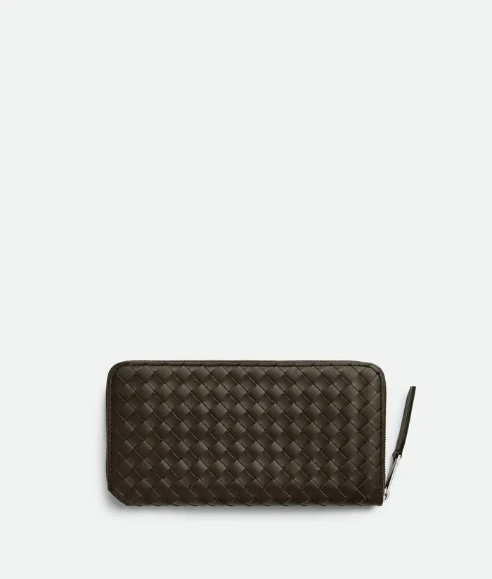 Men Bottega Veneta Long Wallets Intrecciato Piccolo Zip Around Wallet Kaki