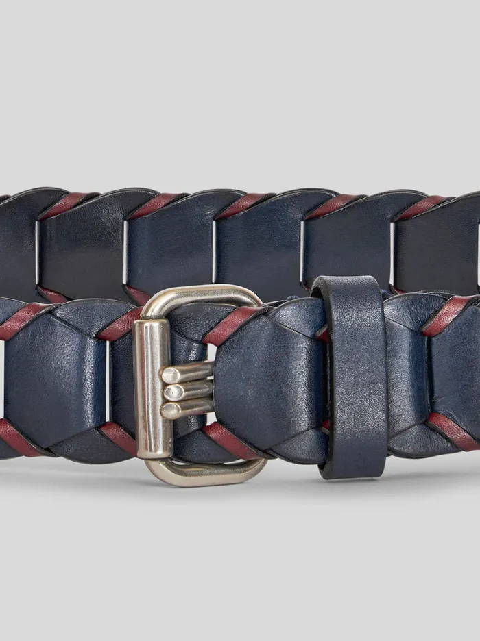 Men Etro Belts Woven Leather Belt Navy Blue